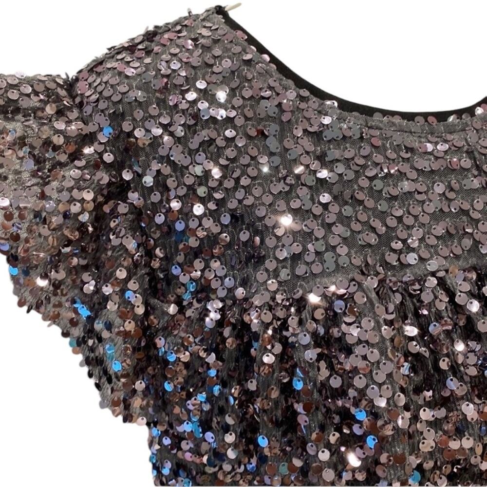 Altar'd State Medium Top babydoll Blouse Y2K Style Ruffle Shirt Gunmetal Sequin